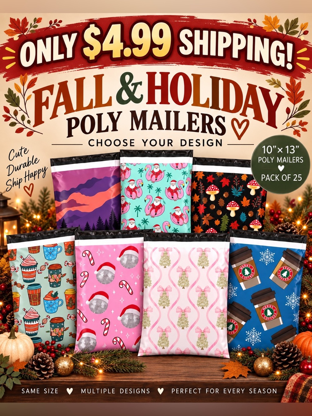 Fall & Holiday Poly Mailers 10x13 – 25 Pack – $4.99 Shipping! Choose Your Design